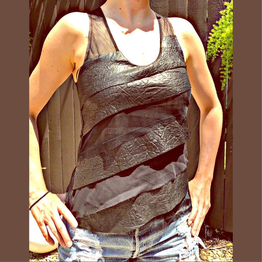 Poleci LEATHER & mesh tank top silk $275 unique!